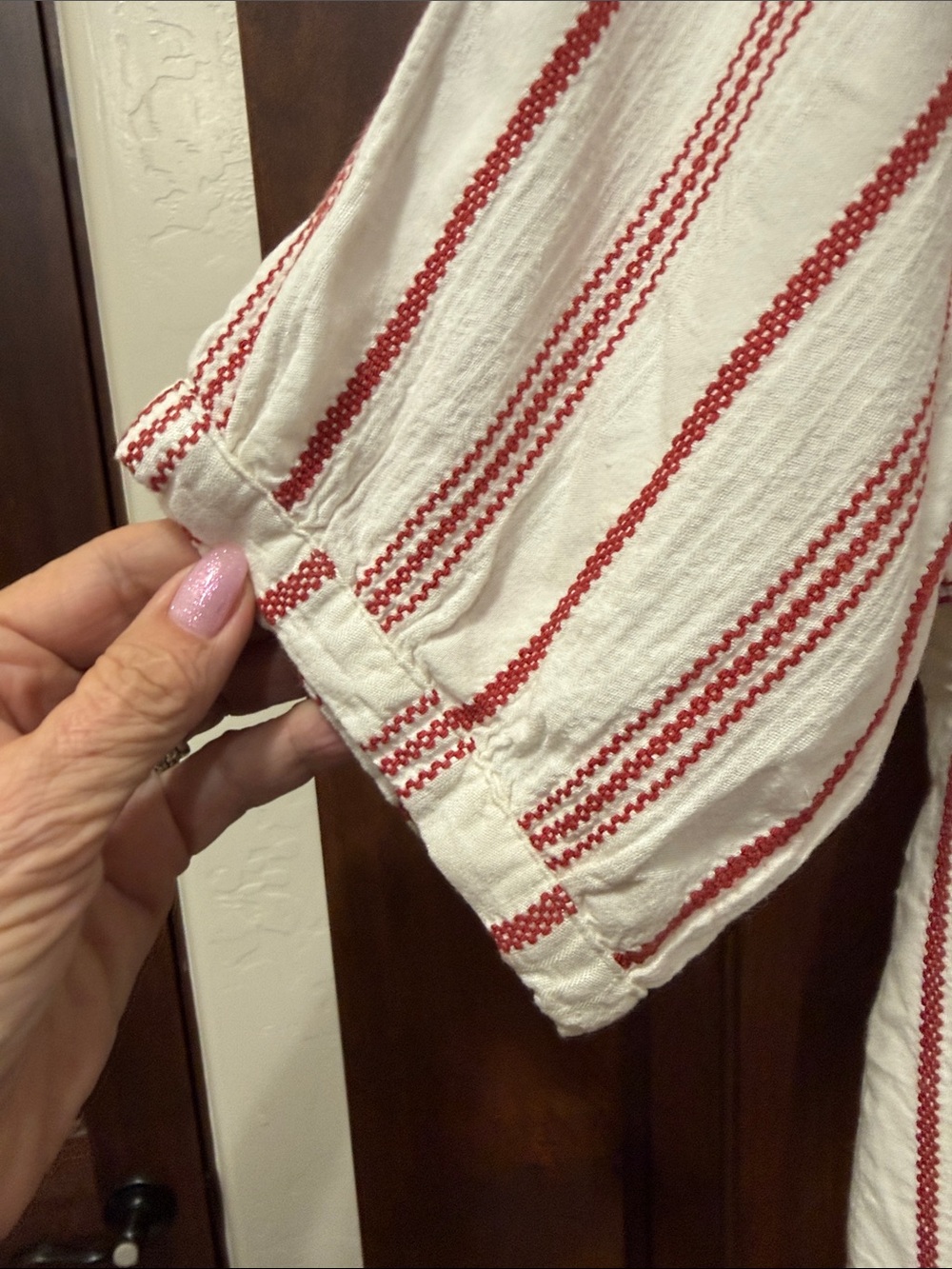 Evereve Cream Blouse with Red Stripes Button-Front Top - Picture 2 of 6